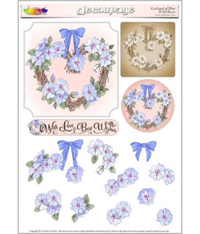 Garland of Blue Wild Roses Decoupage Sheet