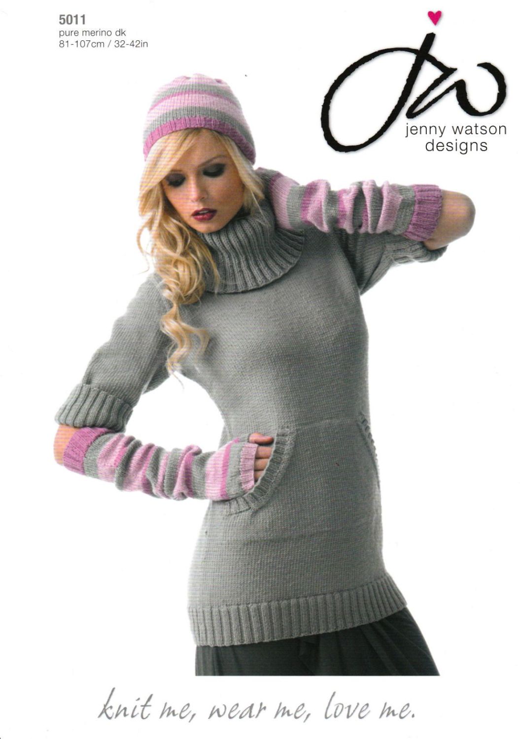 Cowl Neck Sweater Dress, Fingerless Gloves & Hat Knitting Pattern