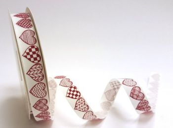 Red Patterned Hearts Grosgrain Ribbon