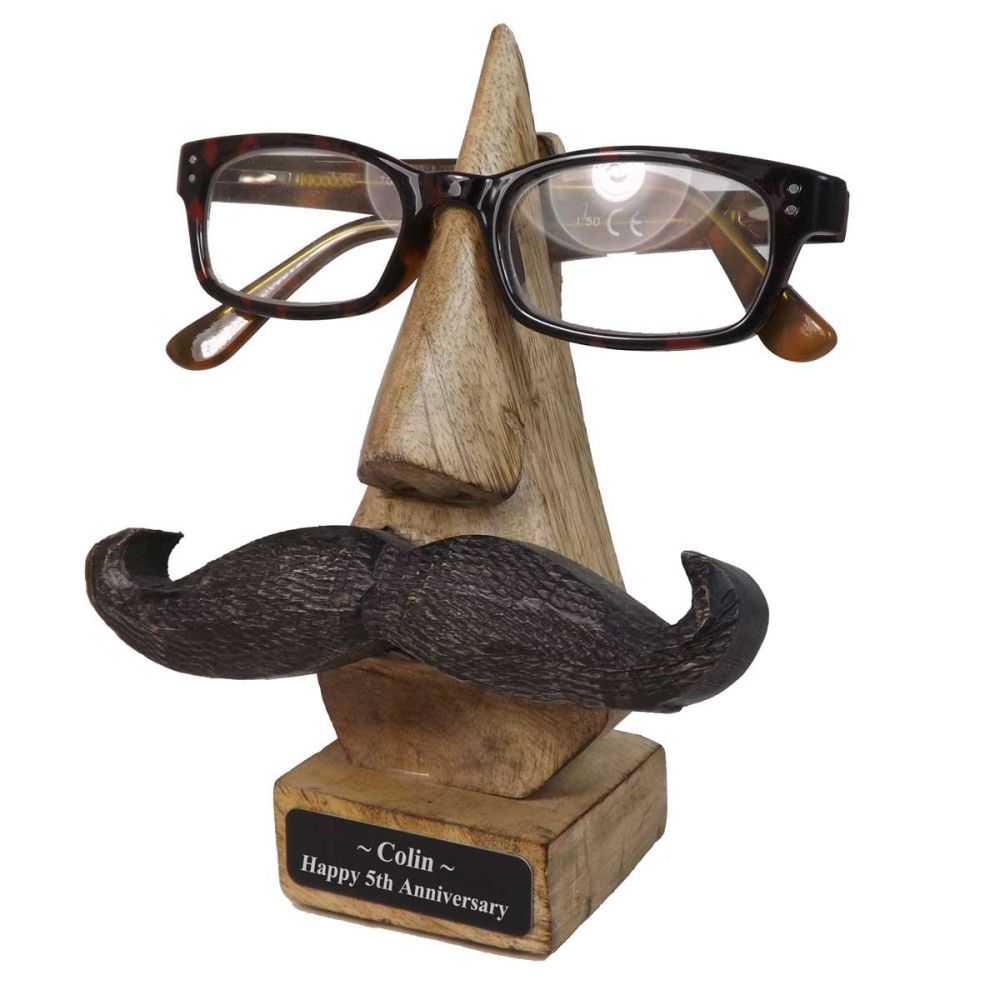 Personalised 5th Anniversary Wooden Specs Holder - Moustache