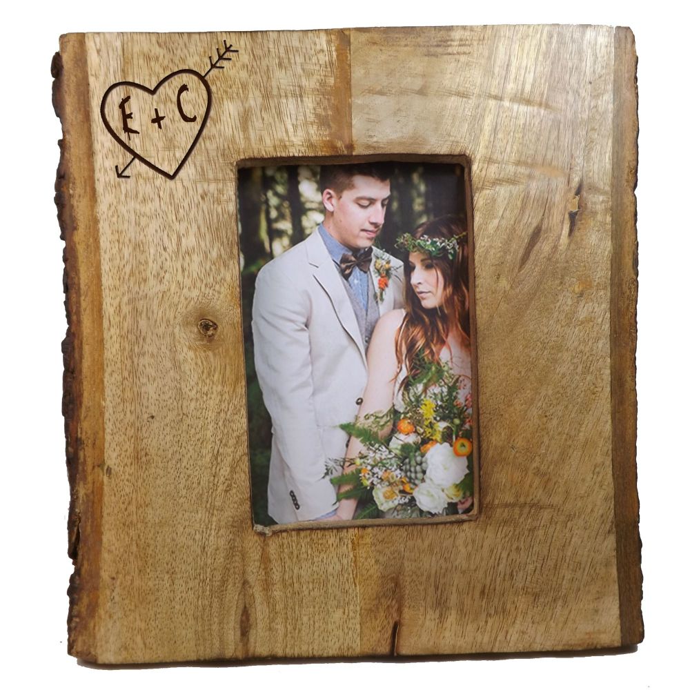 Rustic Hardwood Frame complete with bark, personalised with initials