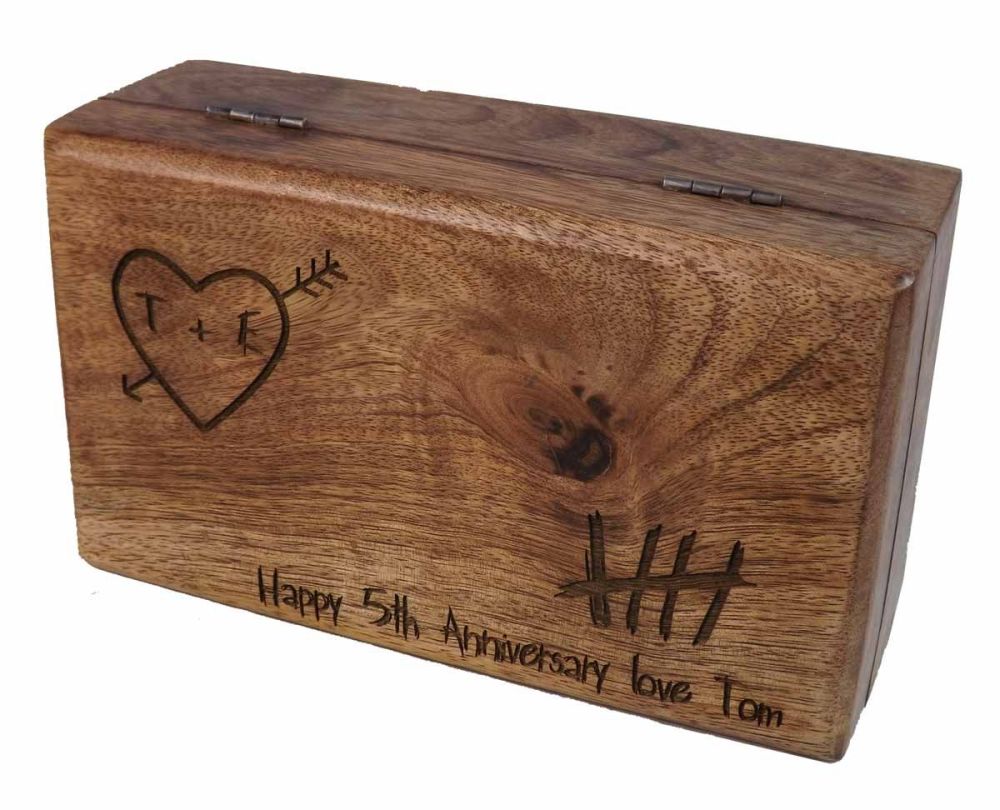5th Anniversary Knotty Carved Heart Oblong Wooden Keepsake Box