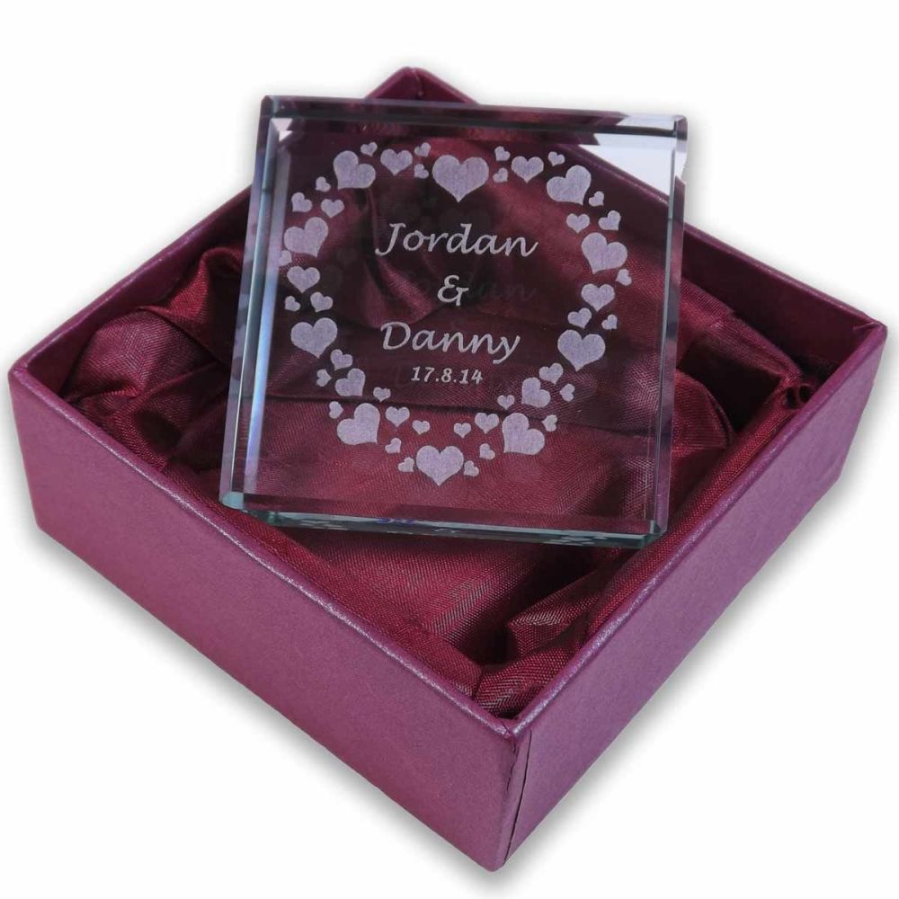 Personalised Glass Token with Hearts Ideal gift for Valentine's Day, Engage