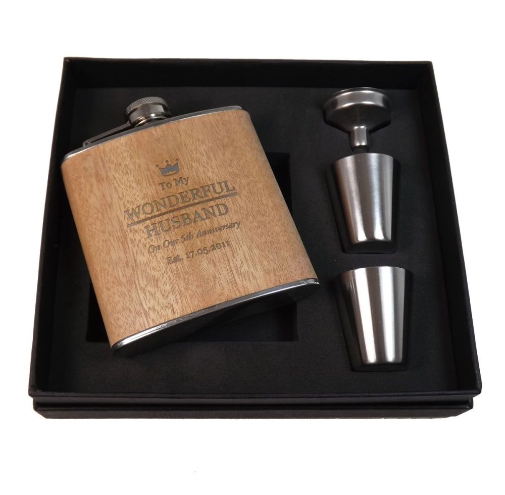 Personalised Wooden Hip Flask with shot cups, a great Anniversary gift.