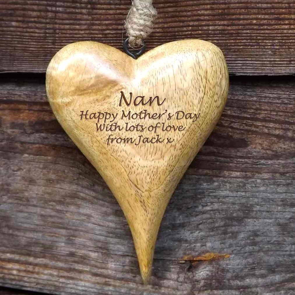 Personalised Small Hanging Heart in Solid Natural Wood - Perfect Mother's D