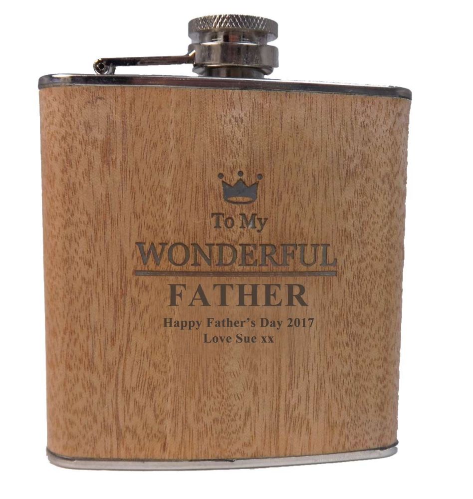 Personalised Wooden Wrap Hip Flask with shot cups, a great gift for your Da