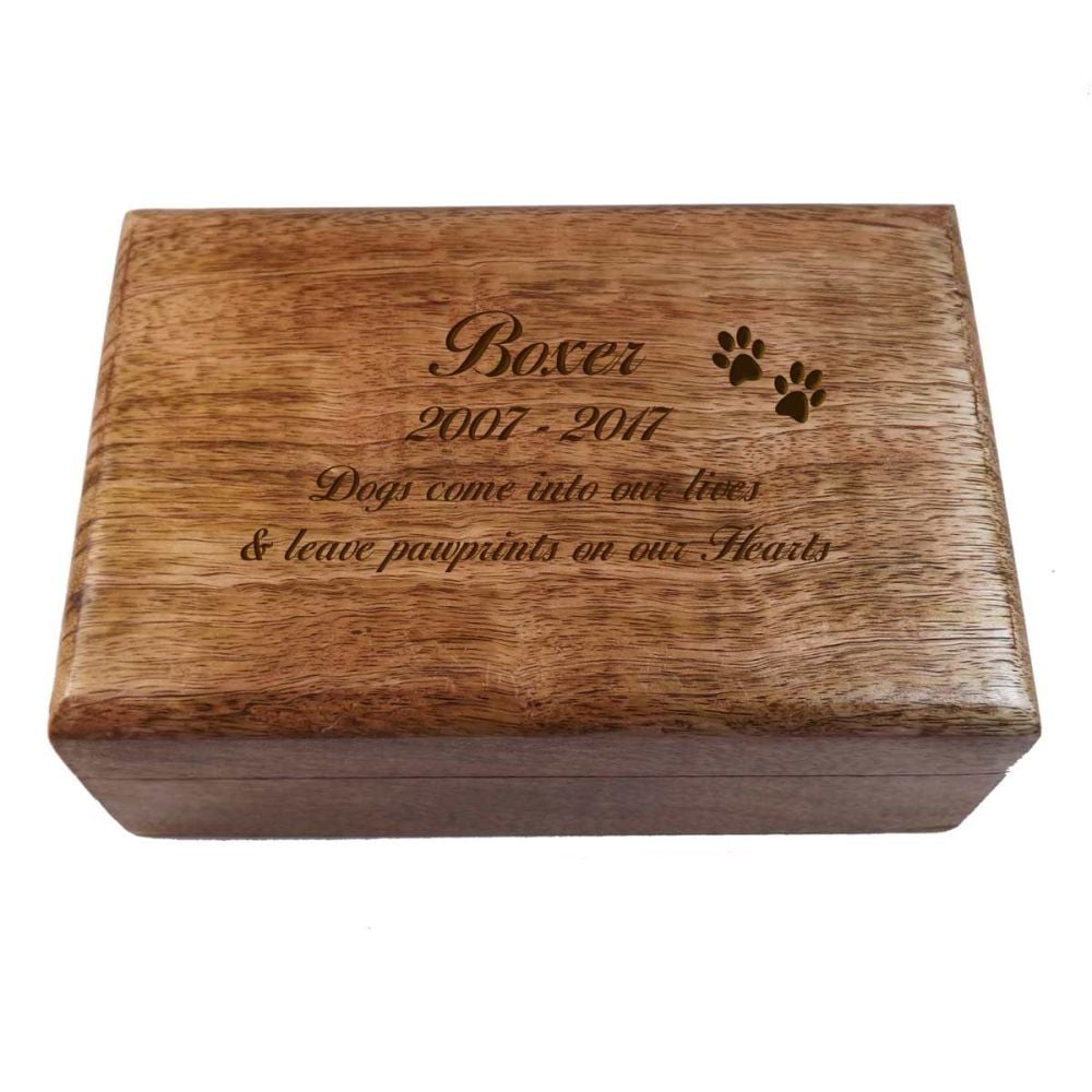  Memorial Wooden Oblong Keepsake Box with Paw Prints, perfect for storing t
