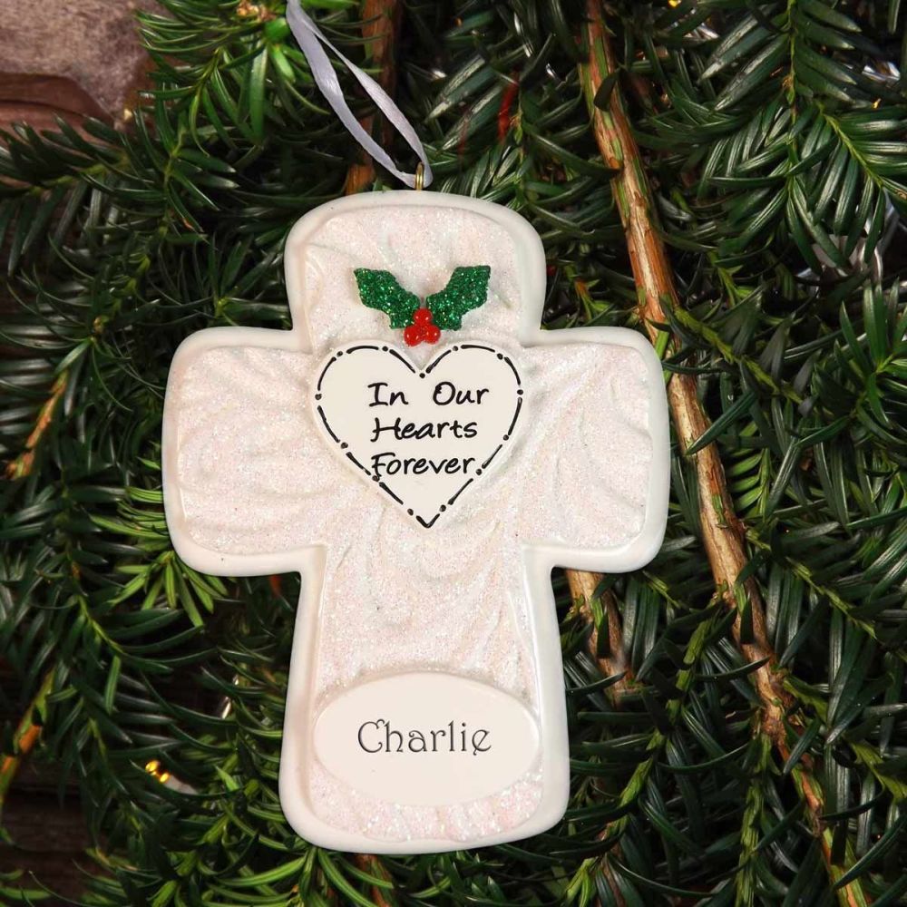Memorial Cross Personalised Christmas Tree Decoration - "In our hearts forever"
