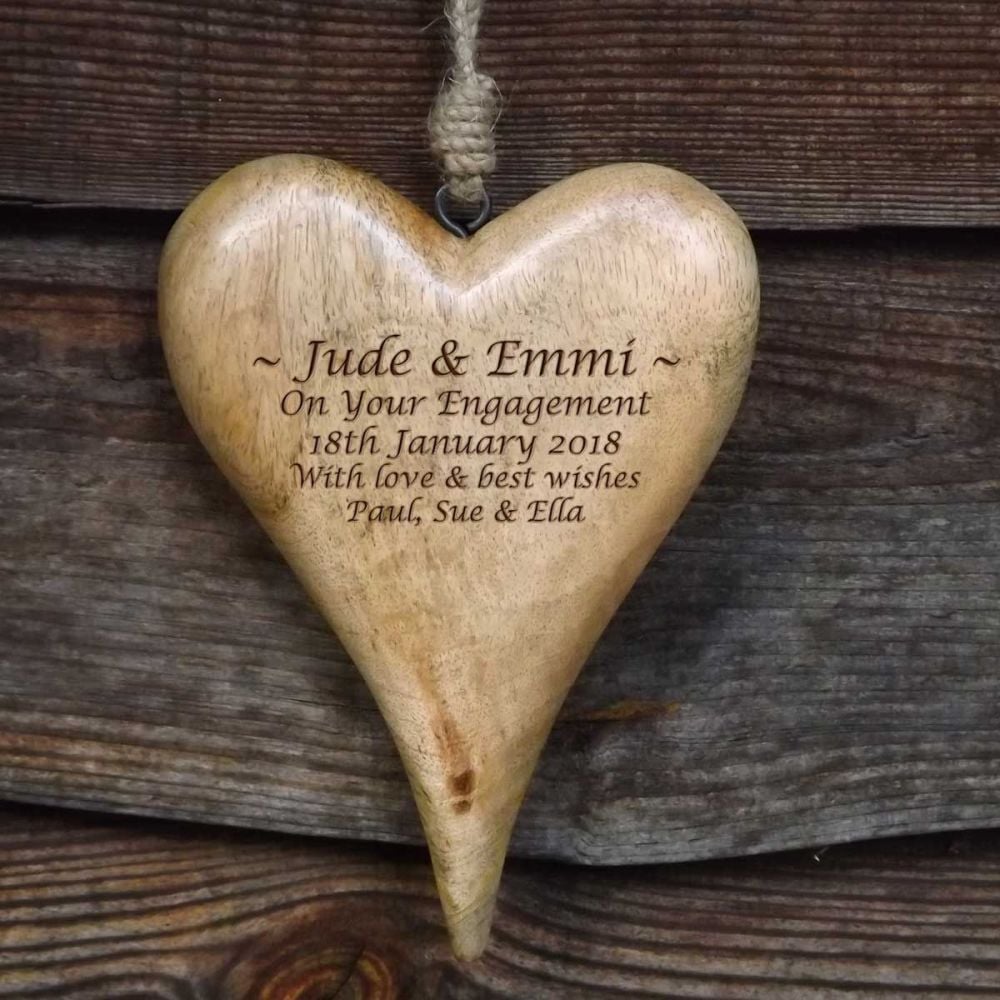 Personalised Large Hanging Heart in Natural Solid Wood  - A Unique Engagement Gift