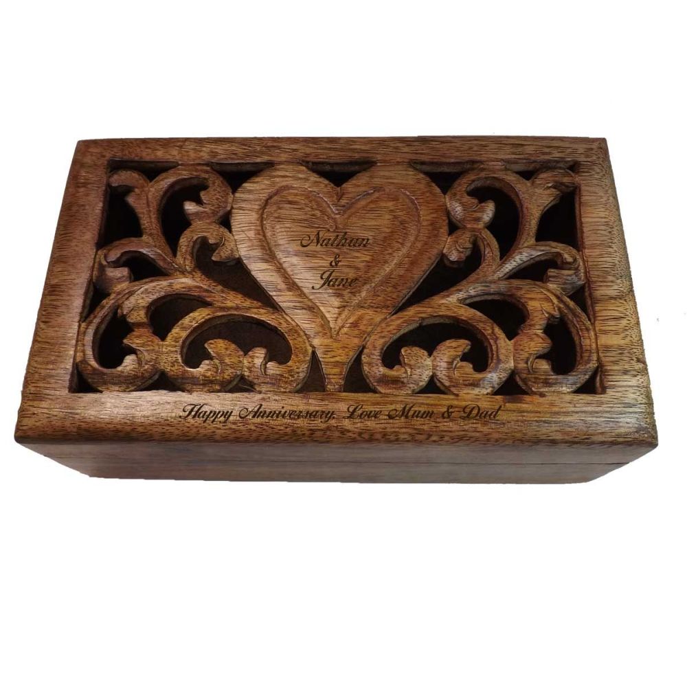 5th Wedding Anniversary Carved Wooden Box with personalised heart - Medium