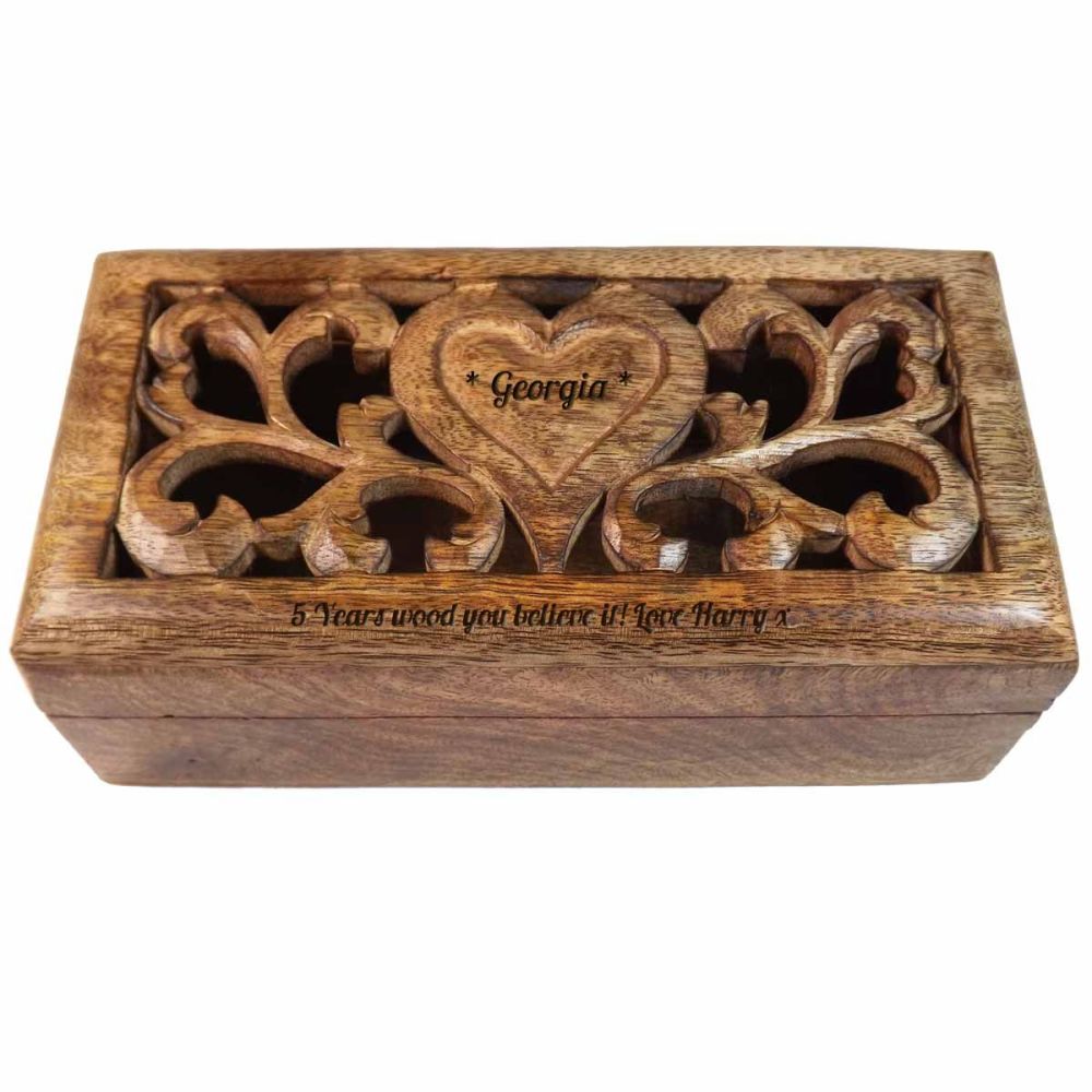 5th Wedding Anniversary Carved Wooden Box with personalised heart - Small