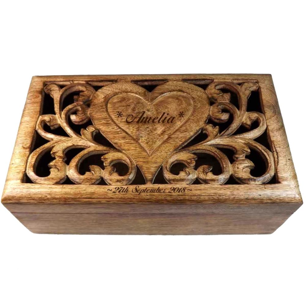 Carved Wooden Box with personalised heart - Large