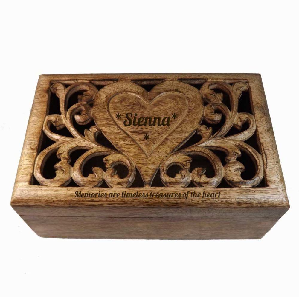 5th Wedding Anniversary Carved Wooden Box with personalised heart - Large