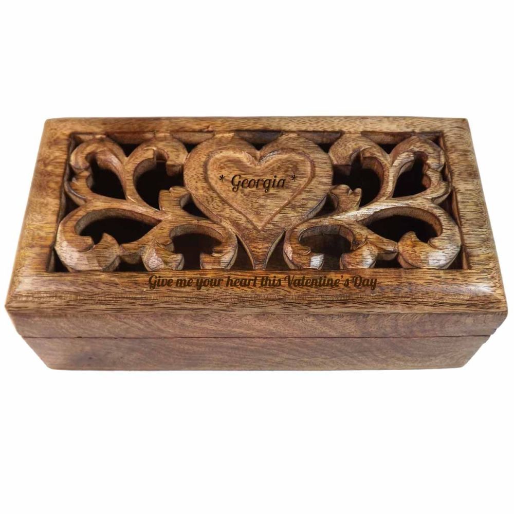 Valentine's Carved Wooden Box with personalised heart - 20cm