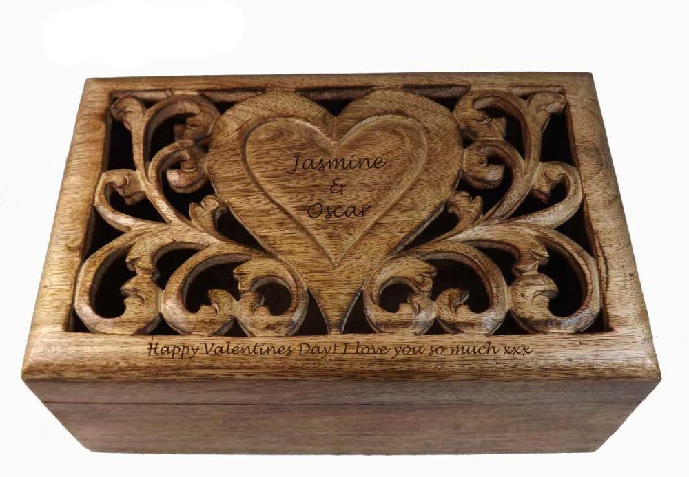 Valentine's Carved Wooden Box with personalised heart - Large