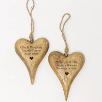 Valentines Special -  Two Personalised Small Hanging Heart in Solid Natural Wood