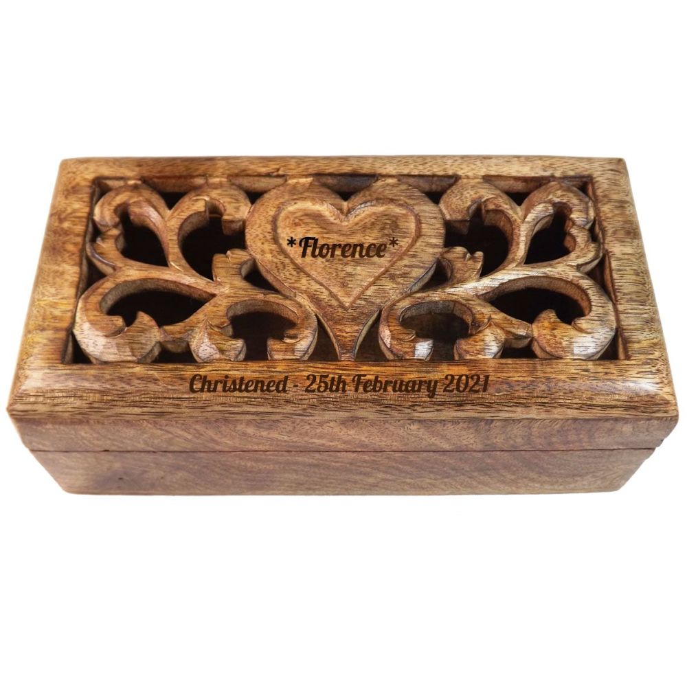 Personalised Solid Mango Wood Box | A Beautiful Christening Gift | 20cm