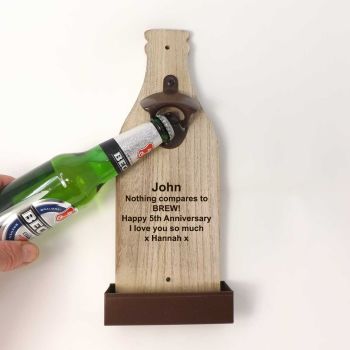 VWall Mounted Bottle Opener personalised with a name and message | A Unique 5th Anniversary Gift