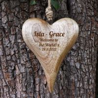 Personalised Hanging Heart in Solid Natural Wood  - A Unique Christening & New Born keepsake