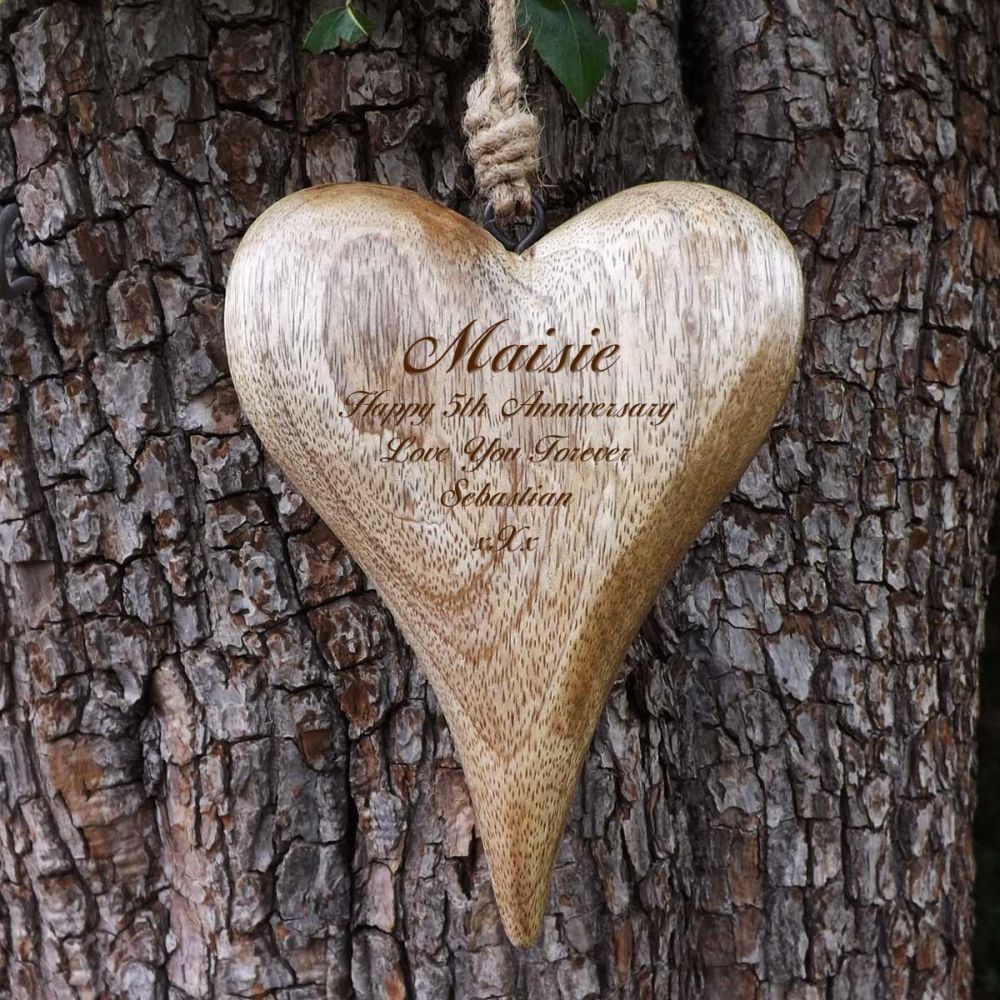 Personalised Hanging Heart in Solid Natural Wood - A Unique Anniversary Gif