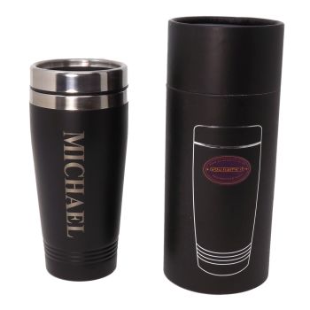 Personalised re-usable Black thermal Stainless-Steel travel mug. Ideal for Birthdays.