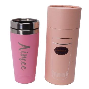 Pink Thermal Stainless Steel Travel Mug Personalised. Ideal for Birthdays.