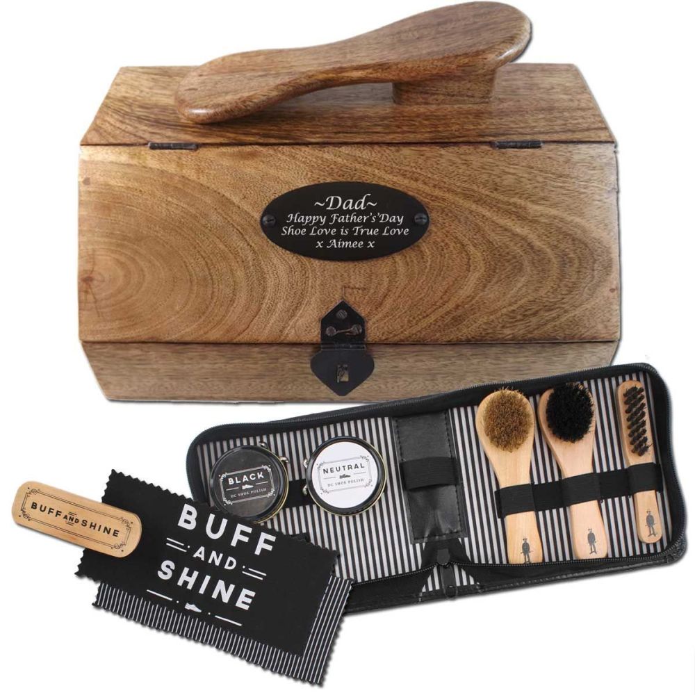 Wooden Shoe Shine Box Personalised with 8pc Shoe Shine Kit. Unusual Gift to