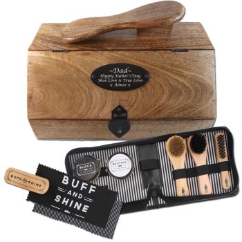 Wooden Shoe Shine Box Personalised with 8pc Shoe Shine Kit. Practical Wedding Gift.