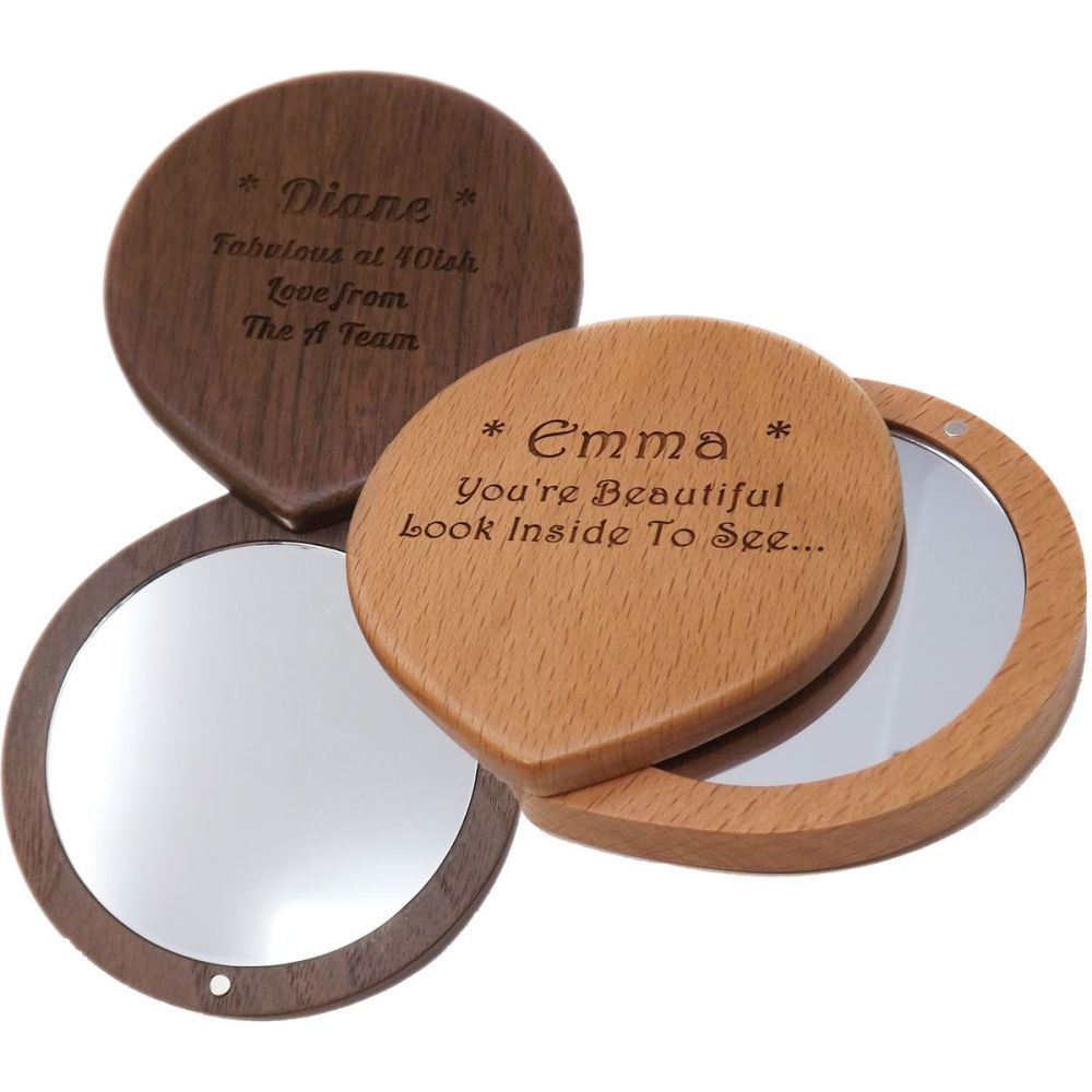 Personalised Walnut or Beech Compact Mirror a special gift for Retirement g
