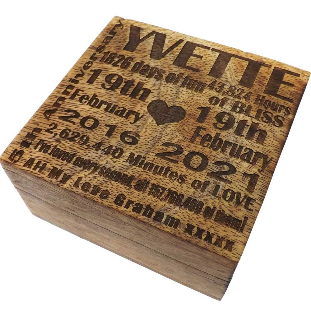 5th Wedding Anniversary Wood Box with Unique Personalised Lid