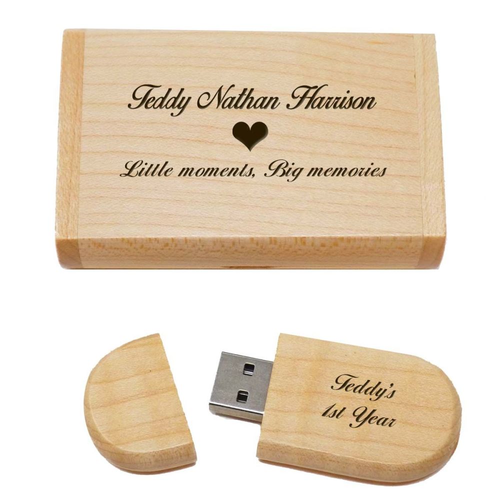Wooden USB and Box personalised with message. Christening or New Baby Gift.