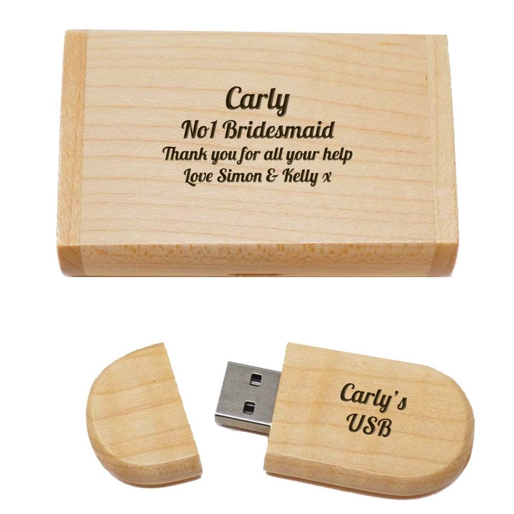 Wooden USB and Box personalised with Name and Message. A fun way to say Tha