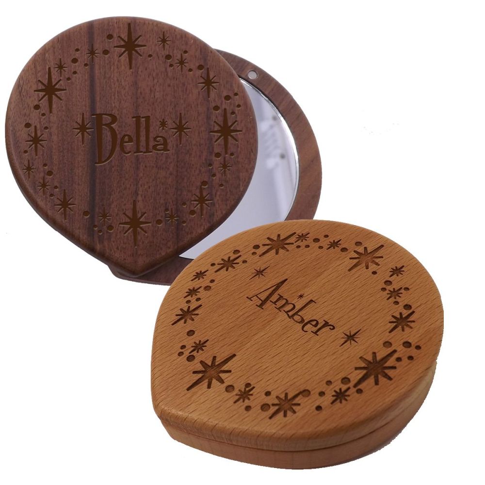 Wooden Compact Mirror with Star Border & Personalised with Name | Christmas