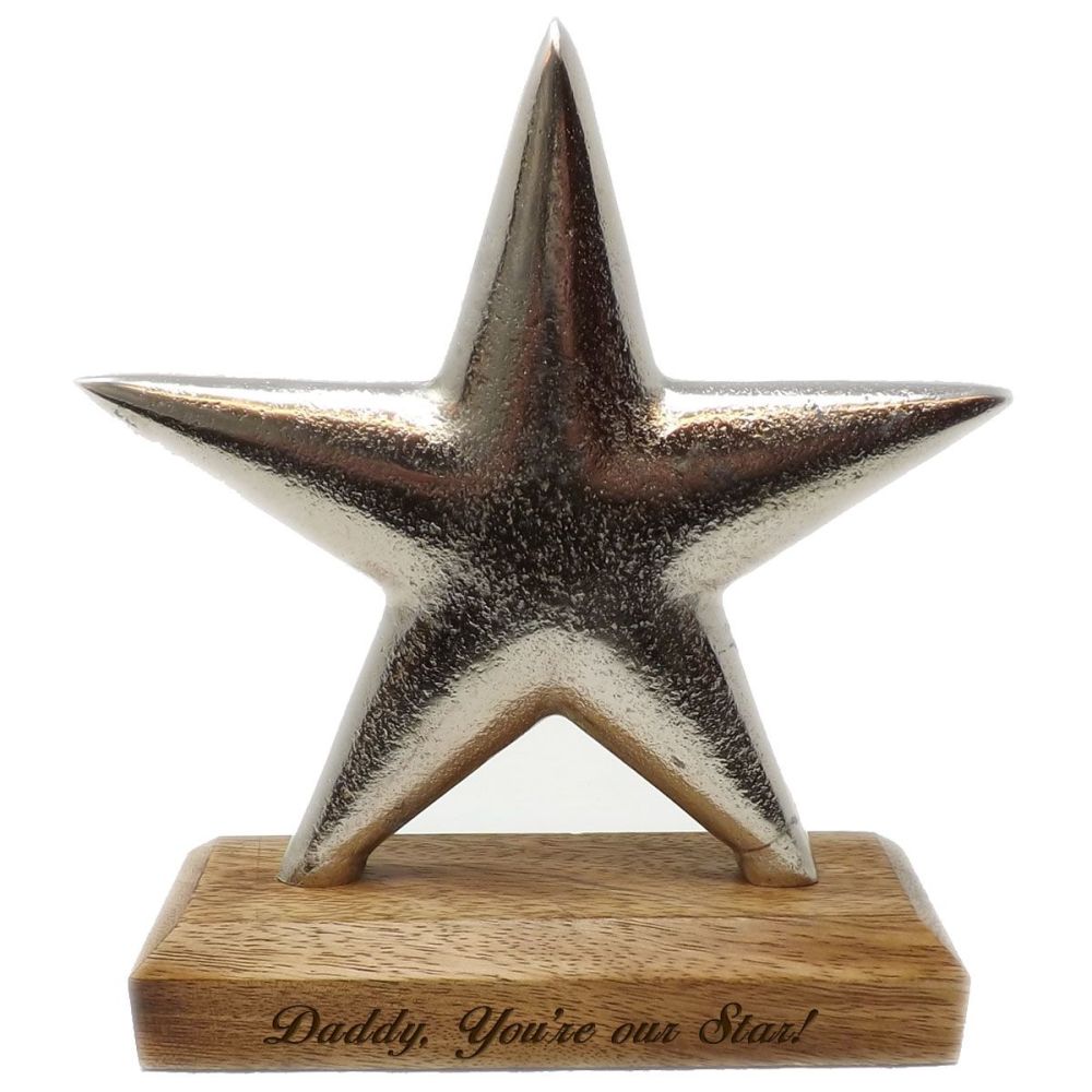 Solid Aluminium Star award & stand with personalised special message.