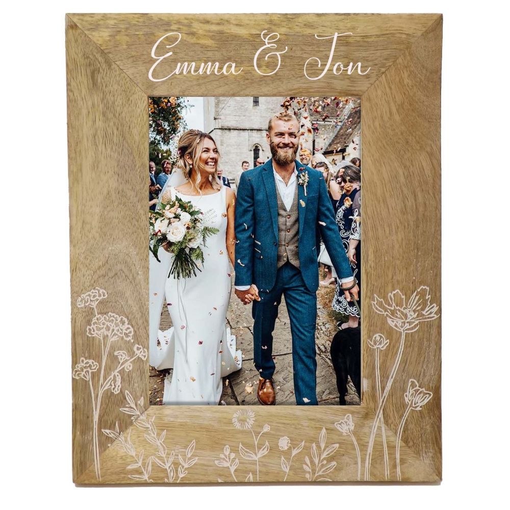 Meadow flower wooden photo frame 7x5 personalised as a unique Wedding gift