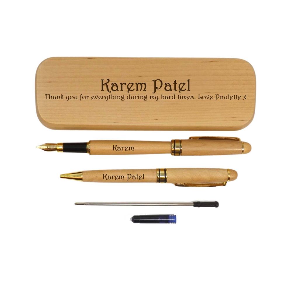 Thank You gift. Personalised Maple Ballpoint and Fountain Pen in Maple Box