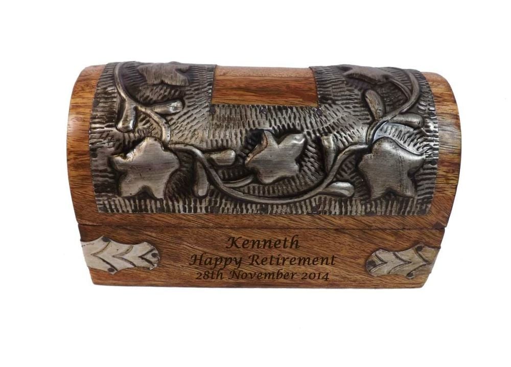 Solid Wood Chest style box personalised with your retirement message.