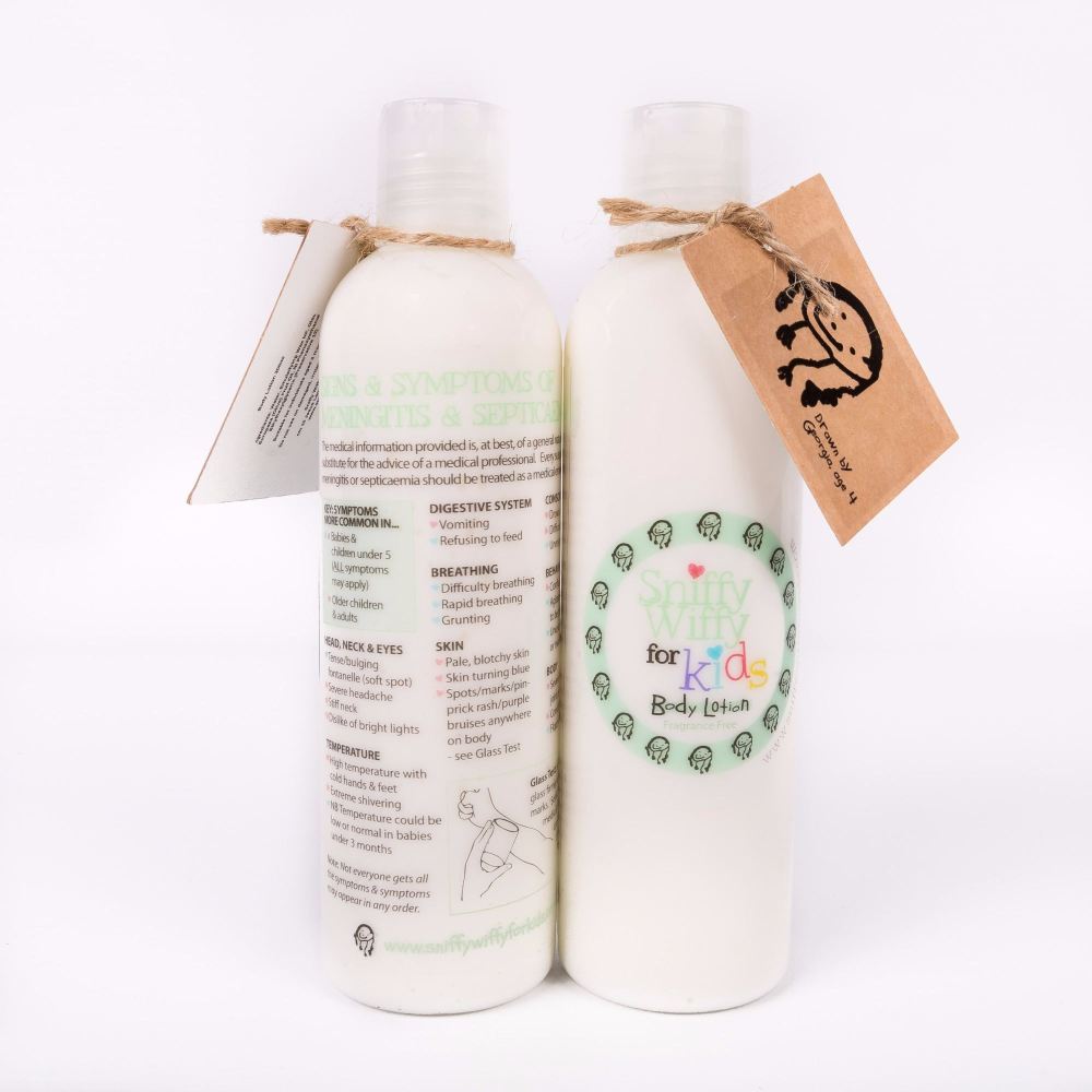 Body Lotion 250ml - Meningitis signs & symptoms label 
