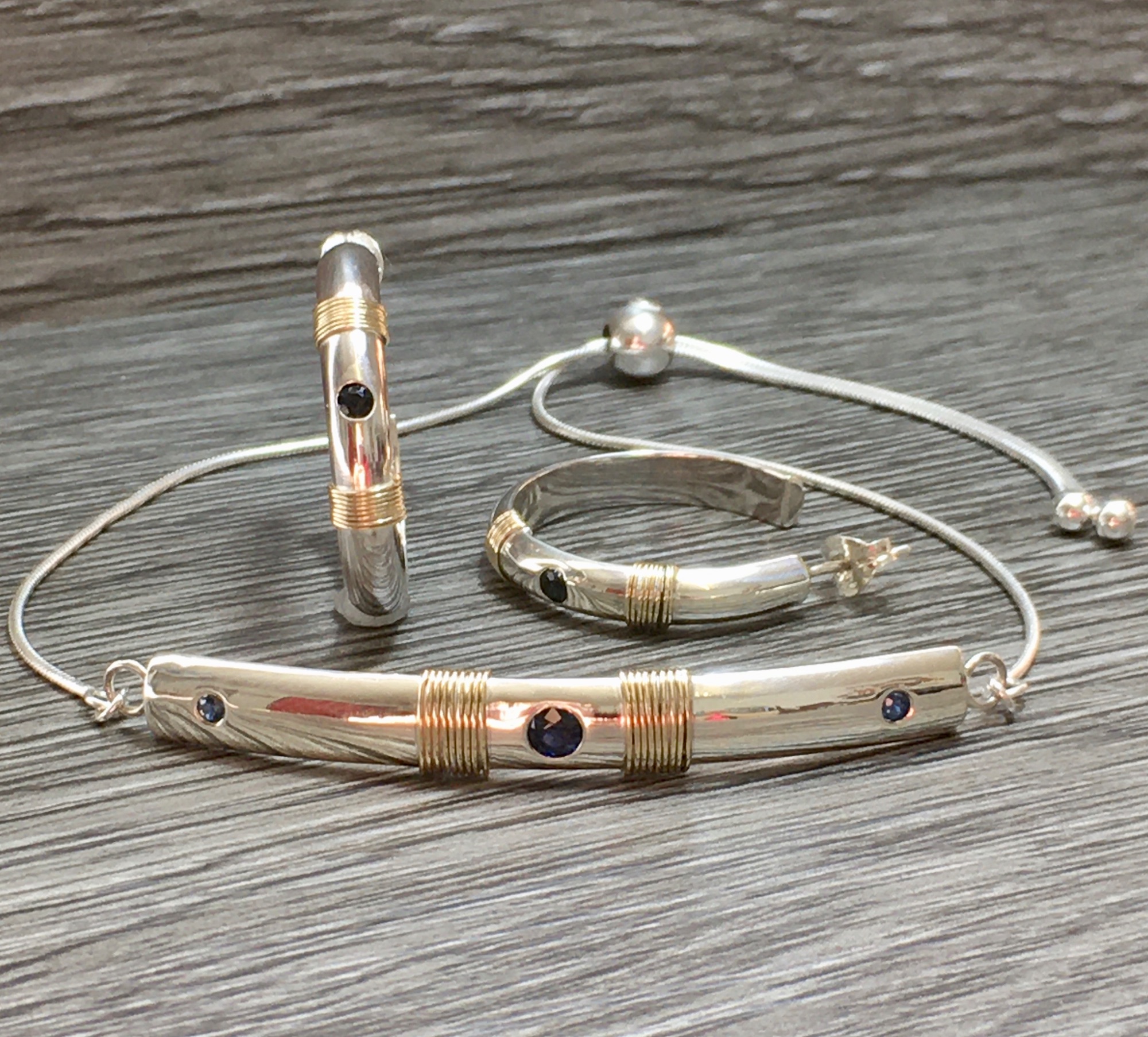 Silver gold sapphire bracelet and earrings