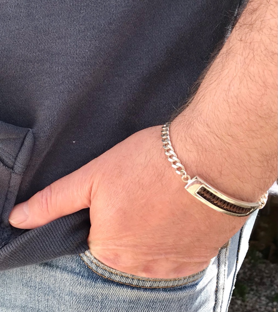 Large sterling silver horsehair bracelet with heavy curb chain