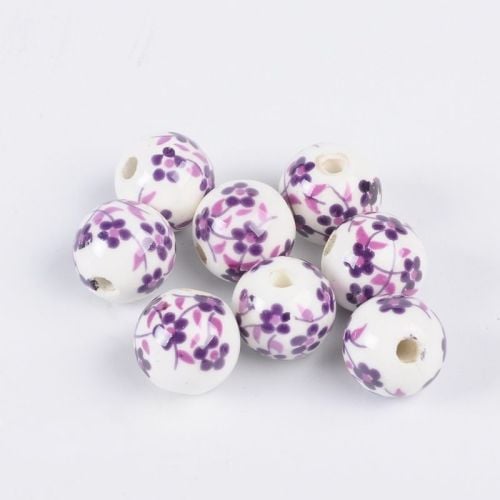 1 Handmade Printed Porcelain Bead Round Purple 12mm Hole: 3mm