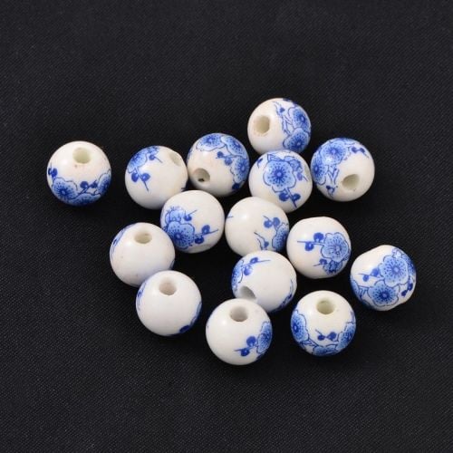 1 Handmade Blue and White Porcelain Bead Round Blue about 10mm in diameter,
