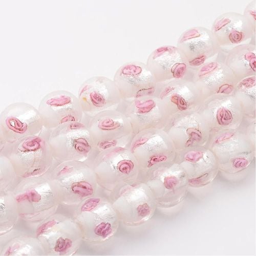 1 Handmade Silver Foil Glass Beads, Inner Flower, Round, White, Size: about