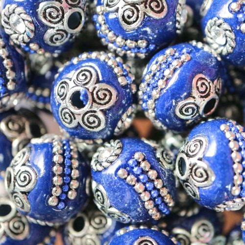 1 Handmade Indonesia Beads, with Alloy Cores, Round, Antique Silver, Prussi