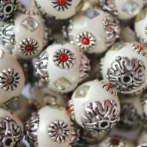 1 Handmade Indonesia Round Beads, with Resin Cabochons and Antique Silver A
