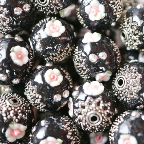 1 Round Handmade Indonesia Beads, with Polymer Clay Flower and Antique Silv