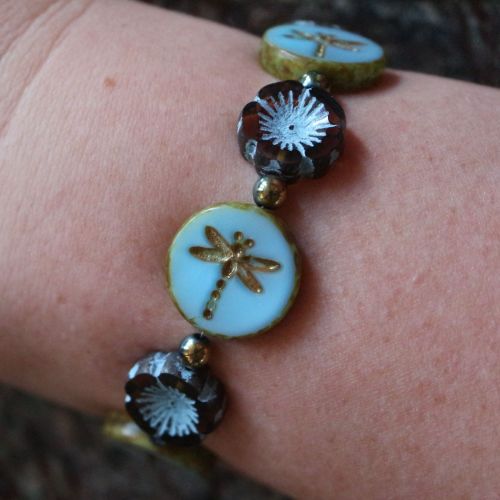 Boho Dragonfly Beaded Bracelet Jewellery using Picasso Beads Blue Brown Tur
