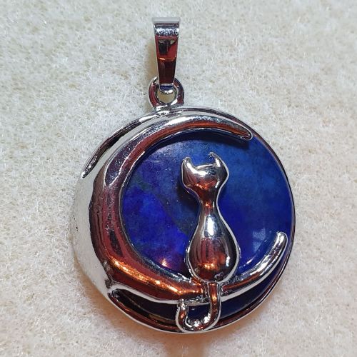 Lapis Lazuli Cat and Moon Pendant