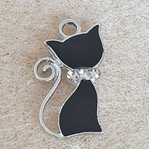 Cat Black Enamel and Rhinestone Silver Colour Metal Charm