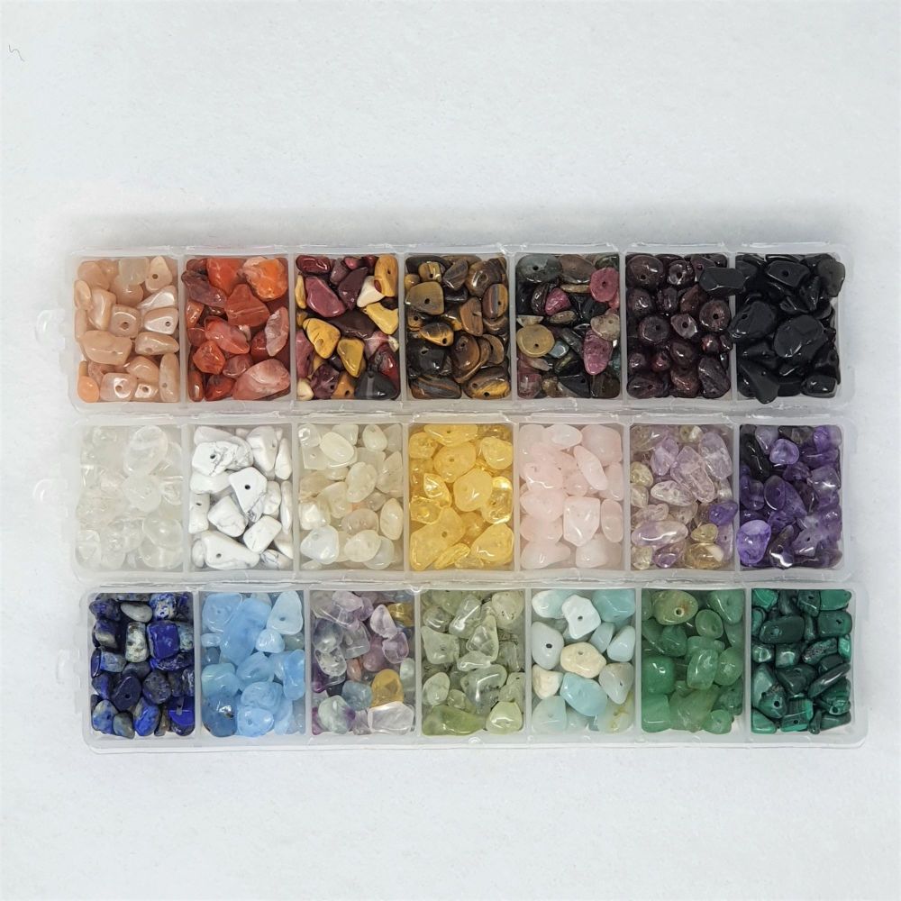 A mix of 21 different gemstone chip beads 